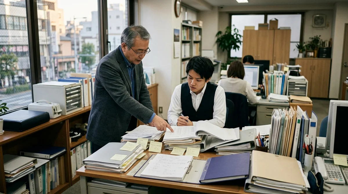 ベテランが若手に書類を見せながら説明している事務所の様子