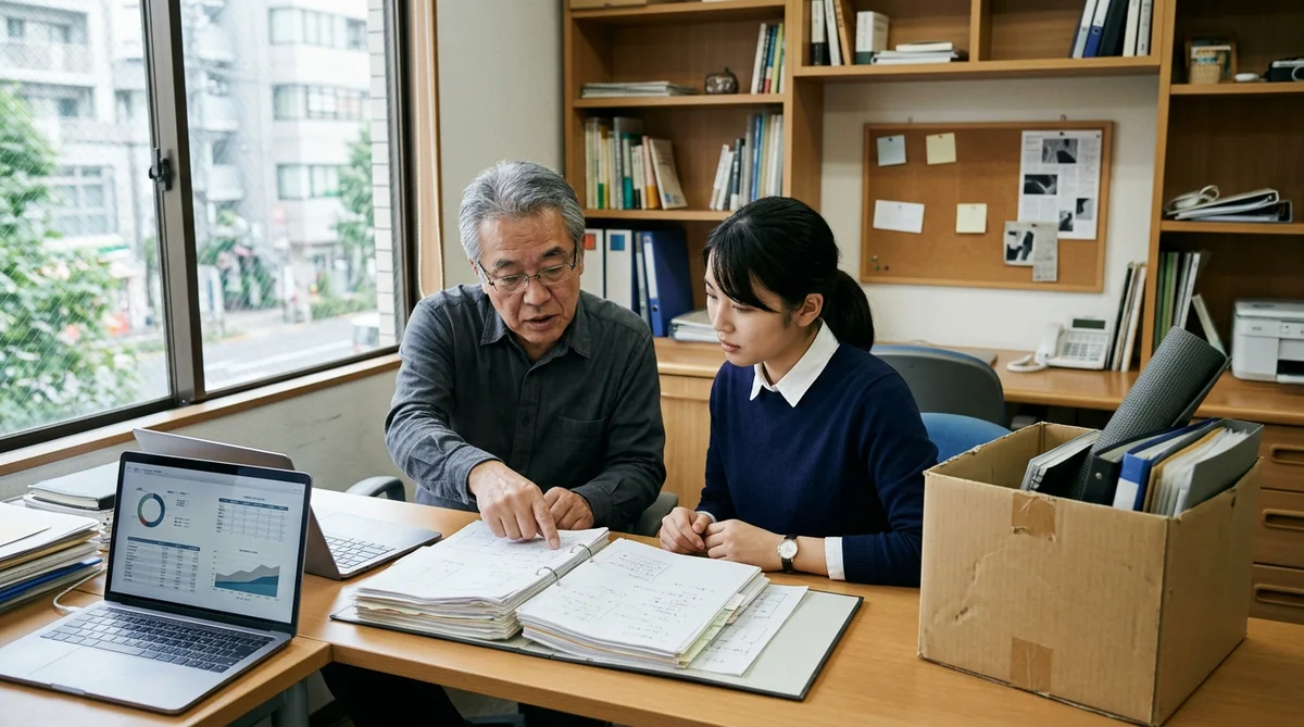 段ボール箱のそばで、年配の営業担当者が若手に書類を見せながら説明している様子